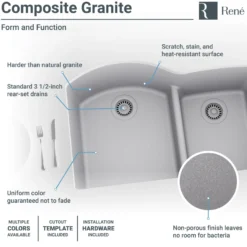 Rene 33" Composite Granite Kitchen Sink, 60/40 Double Bowl, Pewter, R3-1008-PWT-ST-CGF