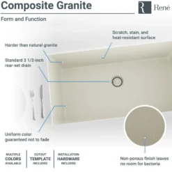 Rene 33" Composite Granite Kitchen Sink, Concrete, R3-1006-CON-ST-CGS
