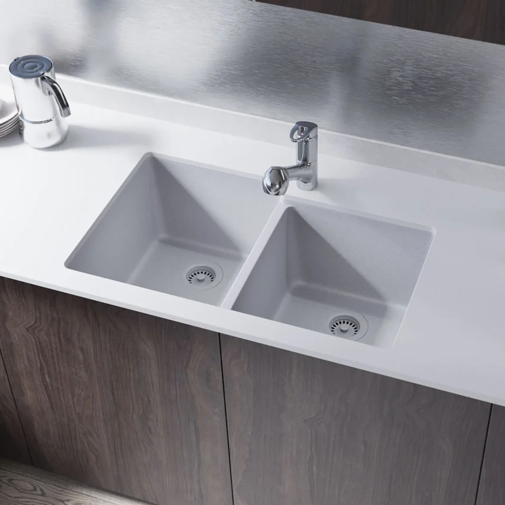 Rene 33" Composite Granite Kitchen Sink, 55/45 Double Bowl, Pewter, R3-1001-PWT-ST-CGS