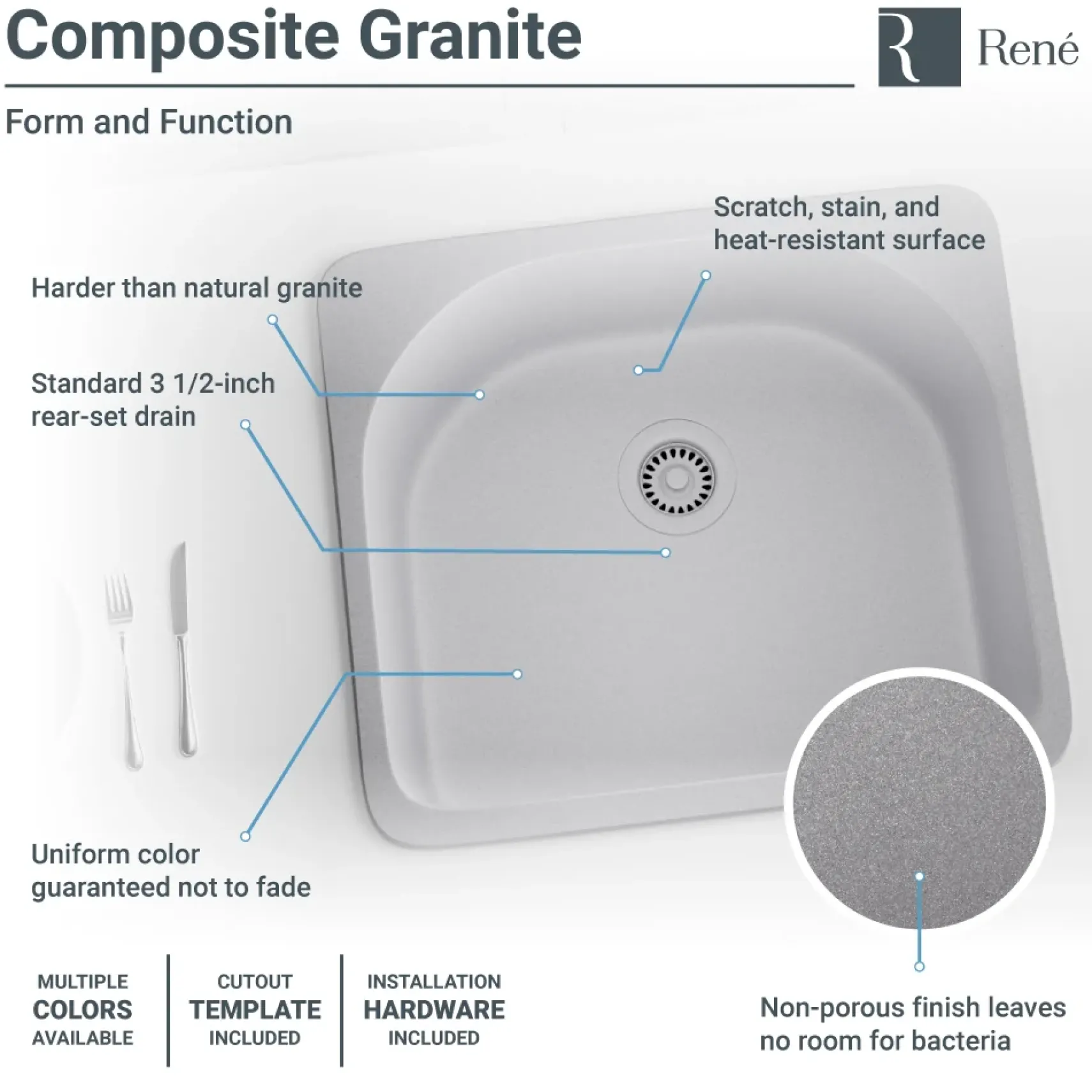Rene 25" Composite Granite Kitchen Sink, Pewter, R3-2005-PWT-ST-CGS