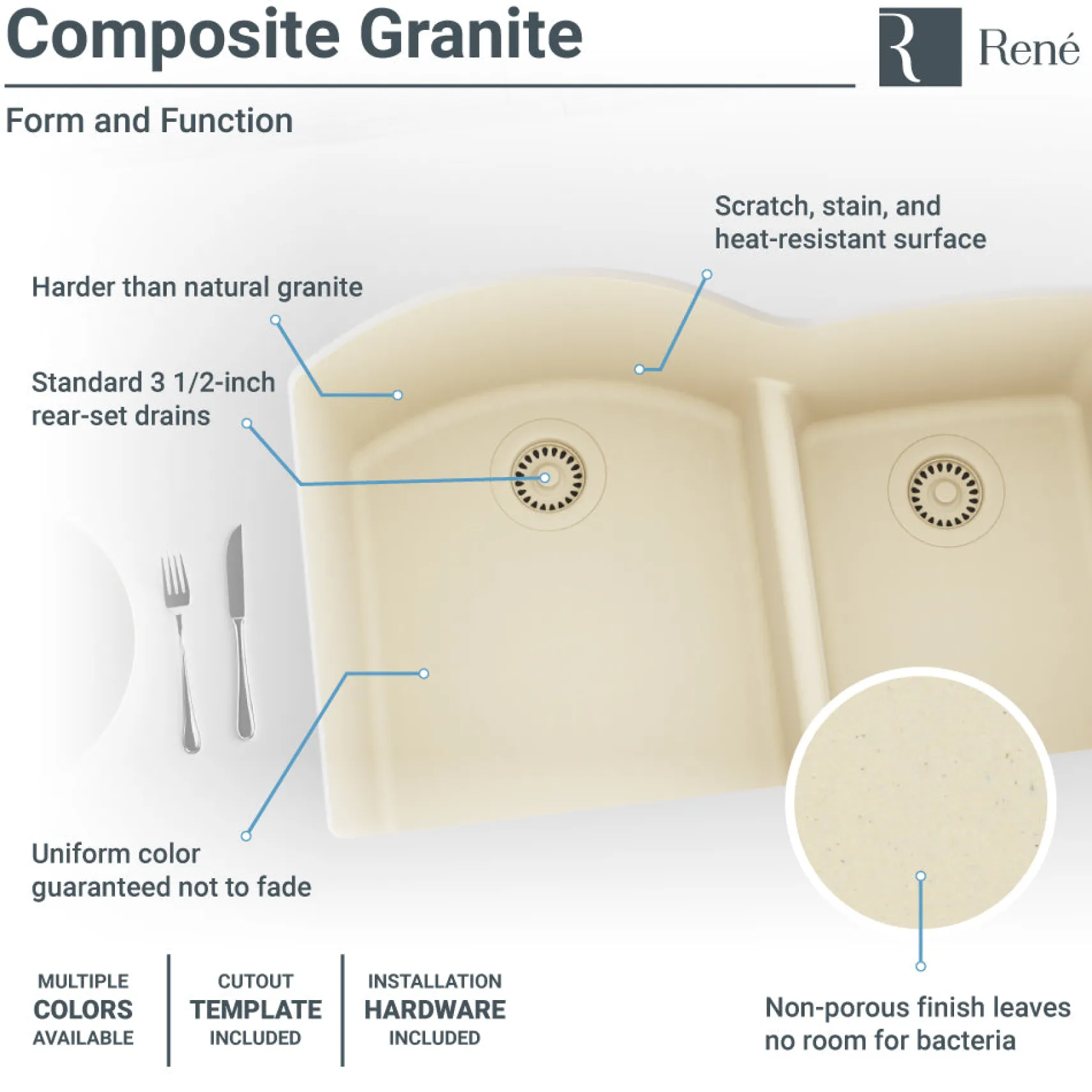 Rene 33" Composite Granite Kitchen Sink, 60/40 Double Bowl, Ecru, R3-1008-ECR-ST-CGF