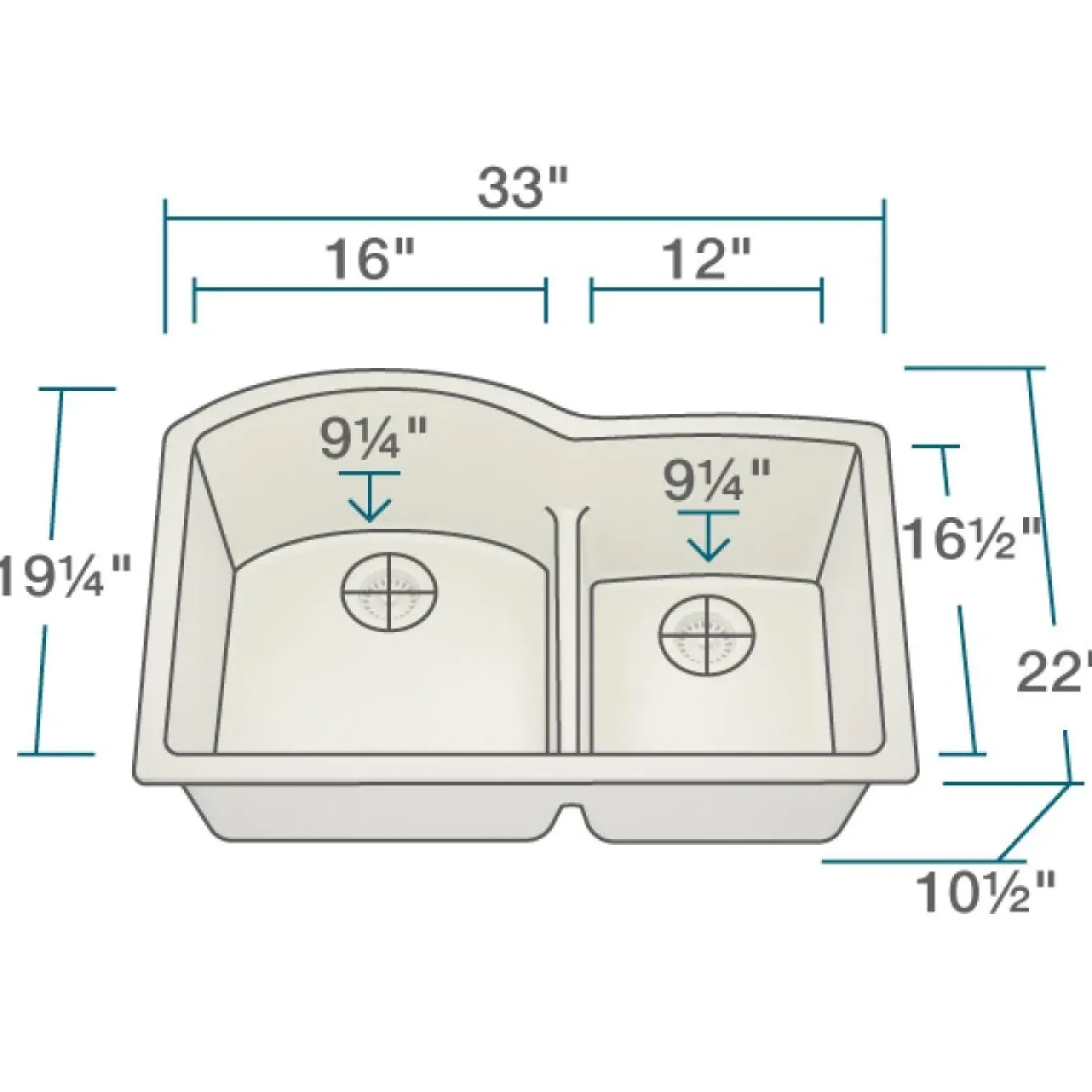 Rene 33" Composite Granite Kitchen Sink, 60/40 Double Bowl, Ecru, R3-1008-ECR-ST-CGF