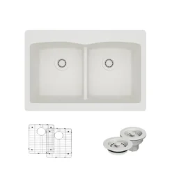 Rene 33" Composite Granite Kitchen Sink, 50/50 Double Bowl, Ivory, R3-2007-IVR-ST-CGF