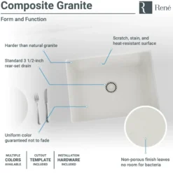 Rene 22" Composite Granite Kitchen Sink, Ivory, R3-1004-IVR-ST-CGF