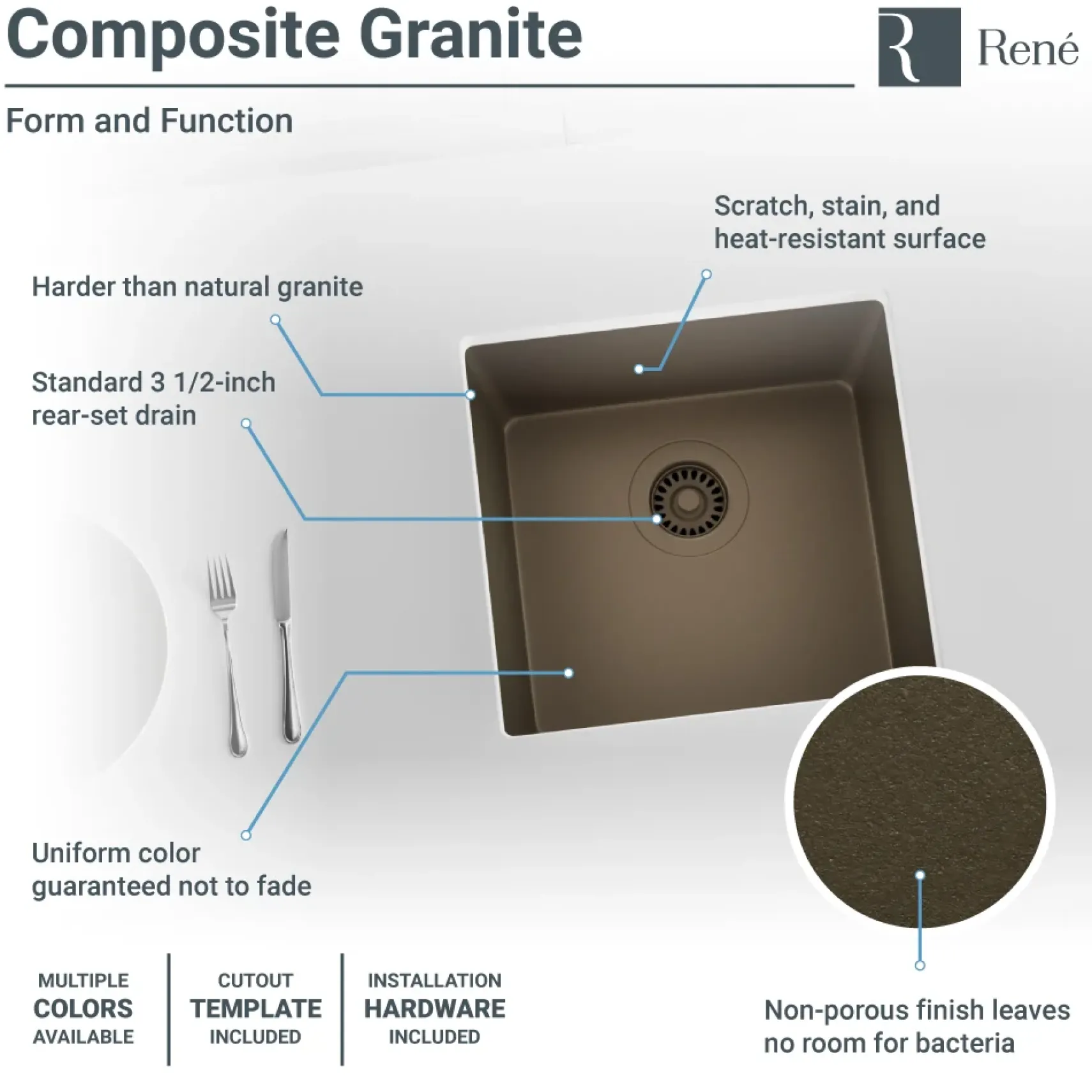Rene 18" Composite Granite Kitchen Sink, Umber, R3-1003-UMB-ST-CGF