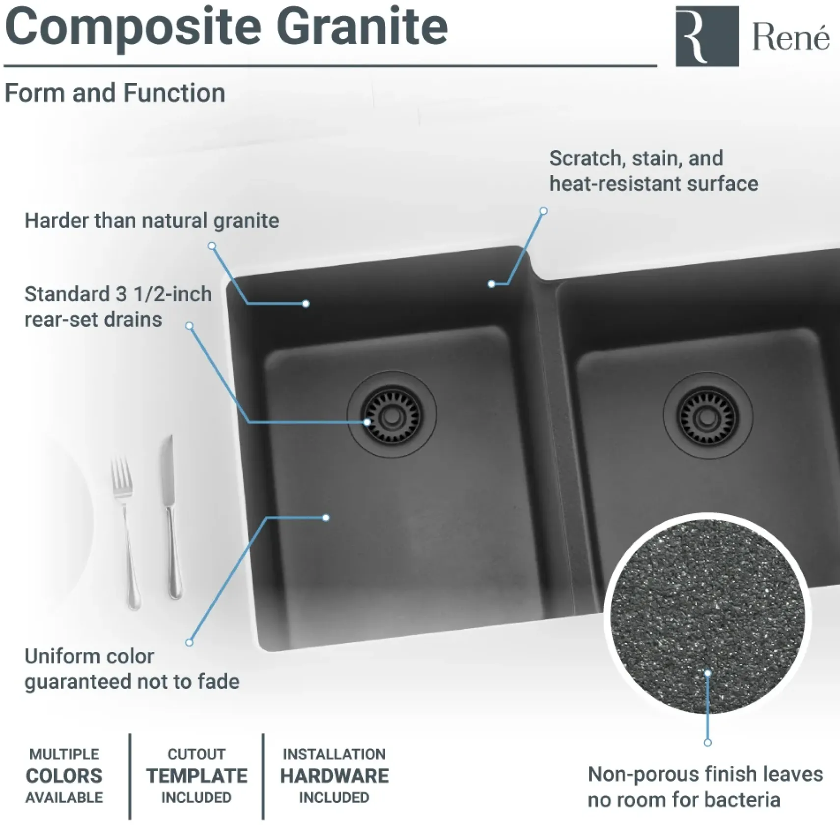 Rene 33" Composite Granite Kitchen Sink, 55/45 Double Bowl, Carbon, R3-1001-CAR-ST-CGS