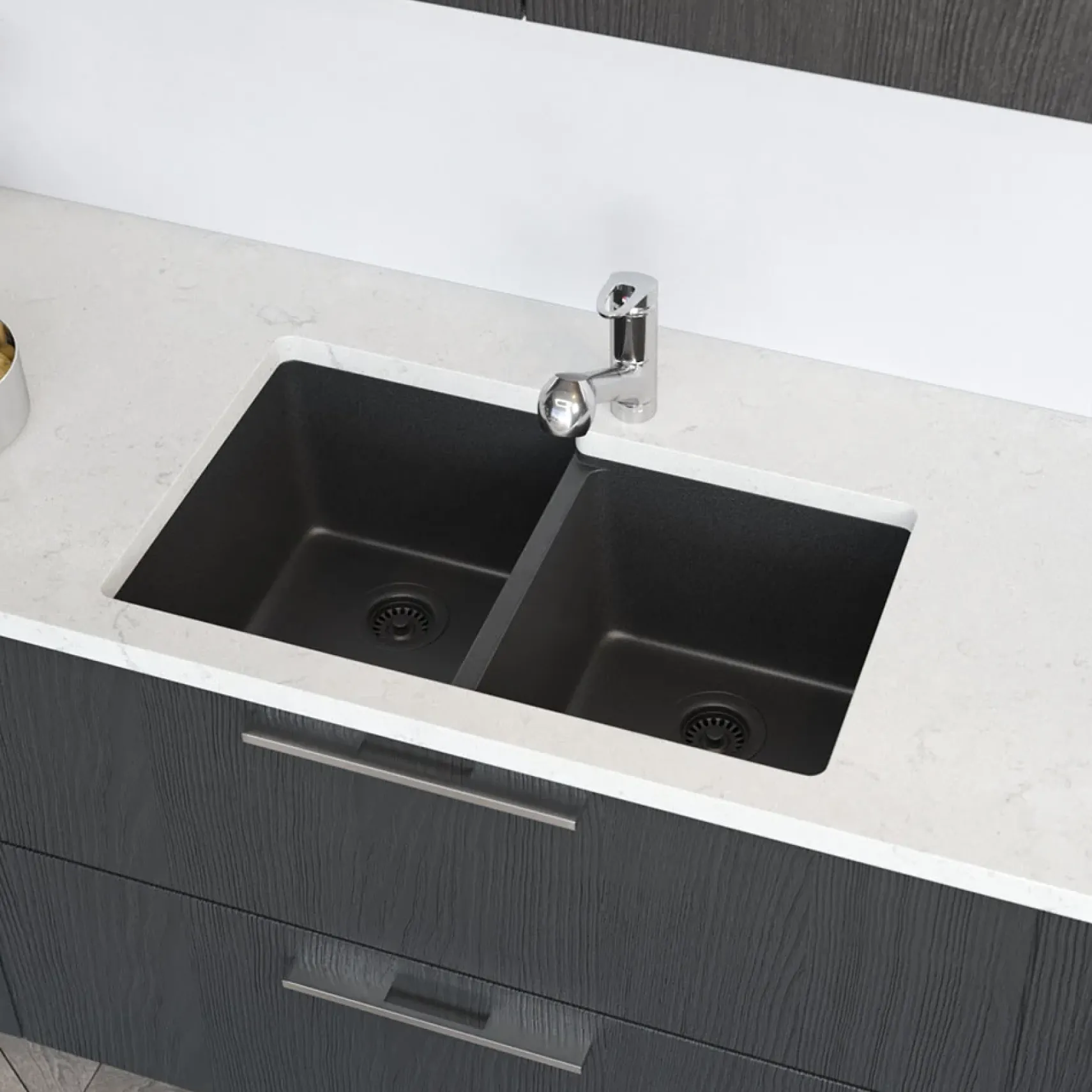Rene 33" Composite Granite Kitchen Sink, 55/45 Double Bowl, Carbon, R3-1001-CAR-ST-CGS