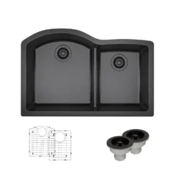 Rene 33" Composite Granite Kitchen Sink, 60/40 Double Bowl, Carbon, R3-1008-CAR-ST-CGS