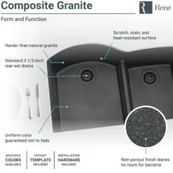 Rene 33" Composite Granite Kitchen Sink, 60/40 Double Bowl, Carbon, R3-1008-CAR-ST-CGS