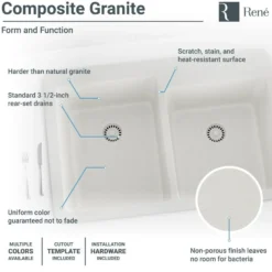 Rene 33" Composite Granite Kitchen Sink, 60/40 Double Bowl, Ivory, R3-2001-IVR-ST-CGF