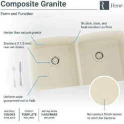 Rene 33" Composite Granite Kitchen Sink, 50/50 Double Bowl, Ecru, R3-1007-ECR-ST-CGF