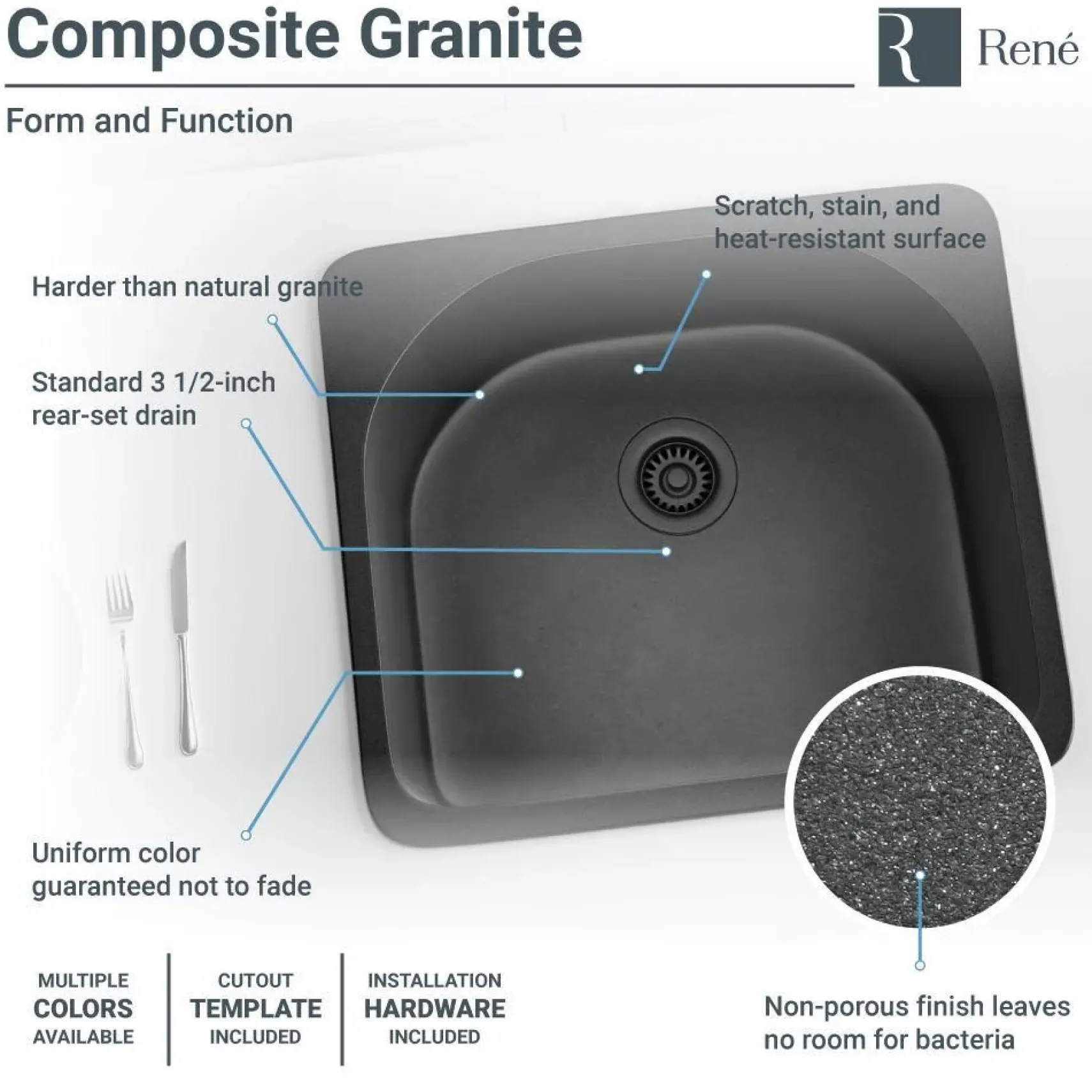 Rene 25" Composite Granite Kitchen Sink, Carbon, R3-2005-CAR-ST-CGS