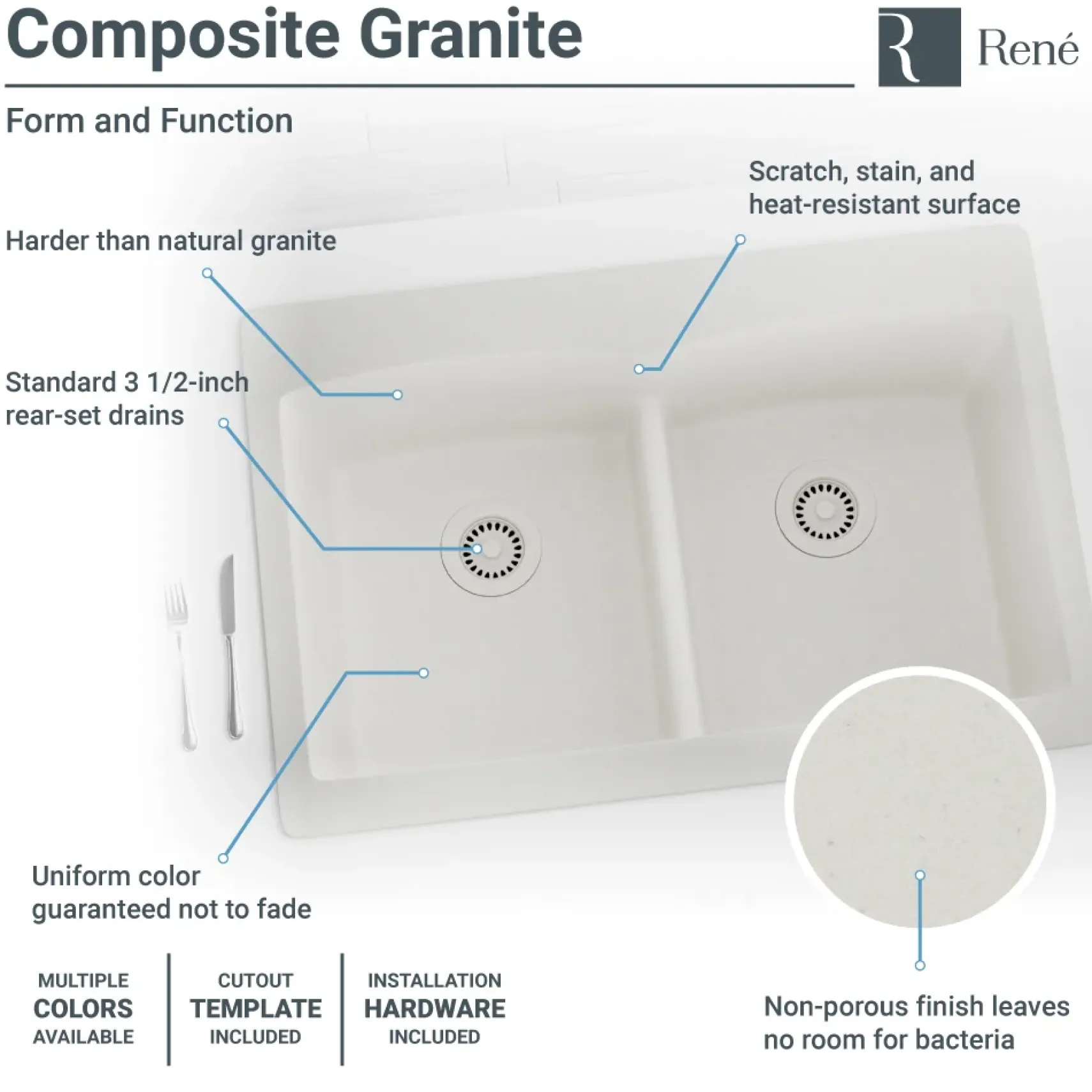 Rene 33" Composite Granite Kitchen Sink, 50/50 Double Bowl, Ivory, R3-2007-IVR-ST-CGS