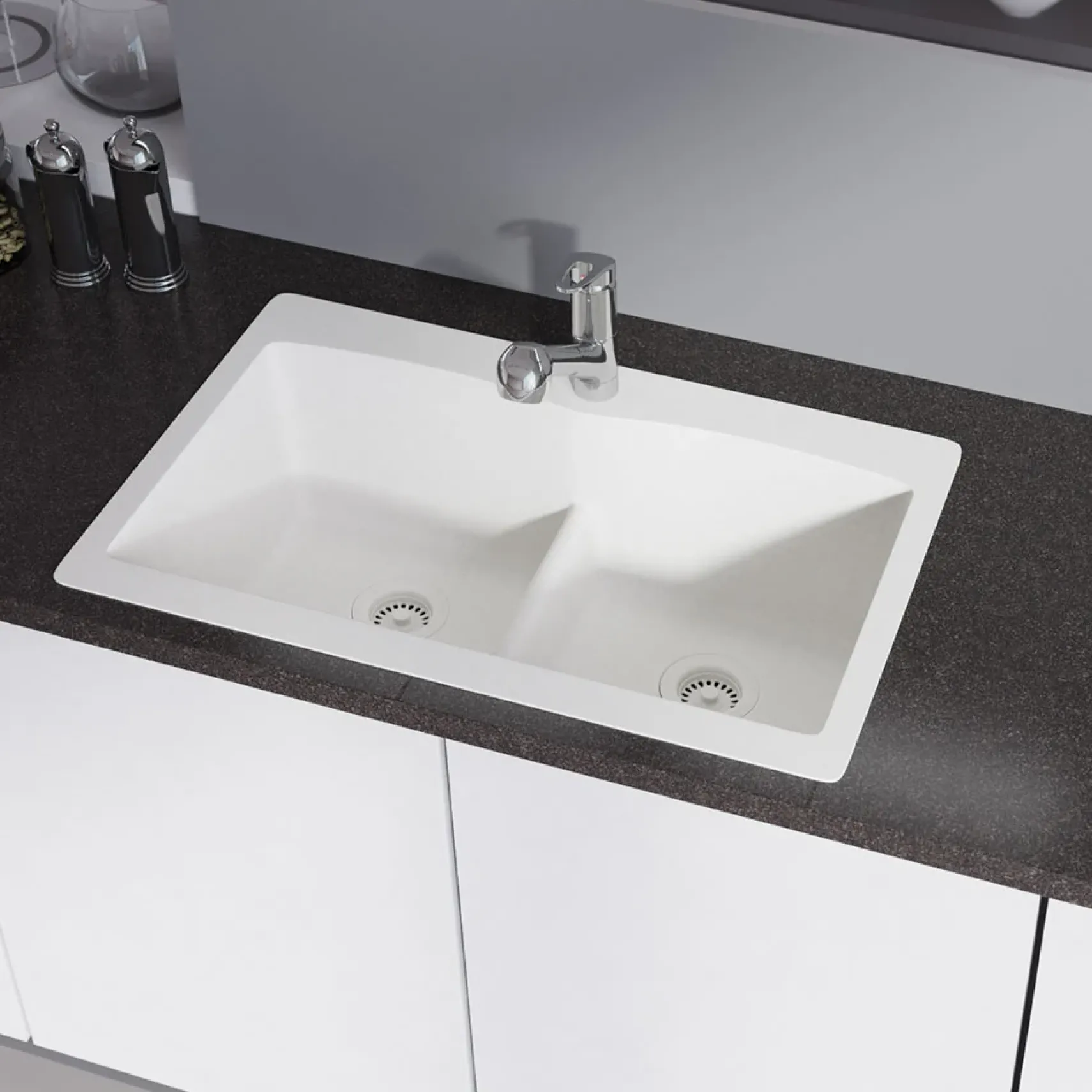 Rene 33" Composite Granite Kitchen Sink, 50/50 Double Bowl, Ivory, R3-2007-IVR-ST-CGS