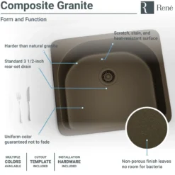 Rene 25" Composite Granite Kitchen Sink, Umber, R3-2005-UMB-ST-CGS