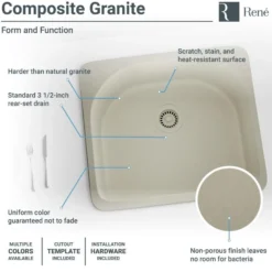 Rene 25" Composite Granite Kitchen Sink, Concrete, R3-2005-CON-ST-CGF