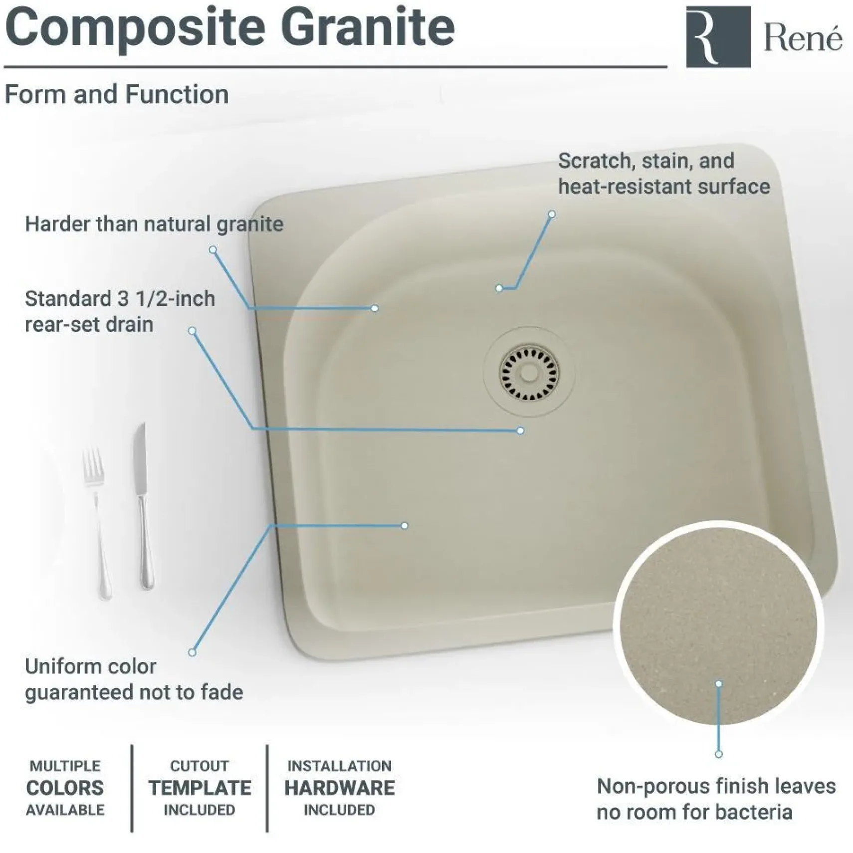Rene 25" Composite Granite Kitchen Sink, Concrete, R3-2005-CON-ST-CGF