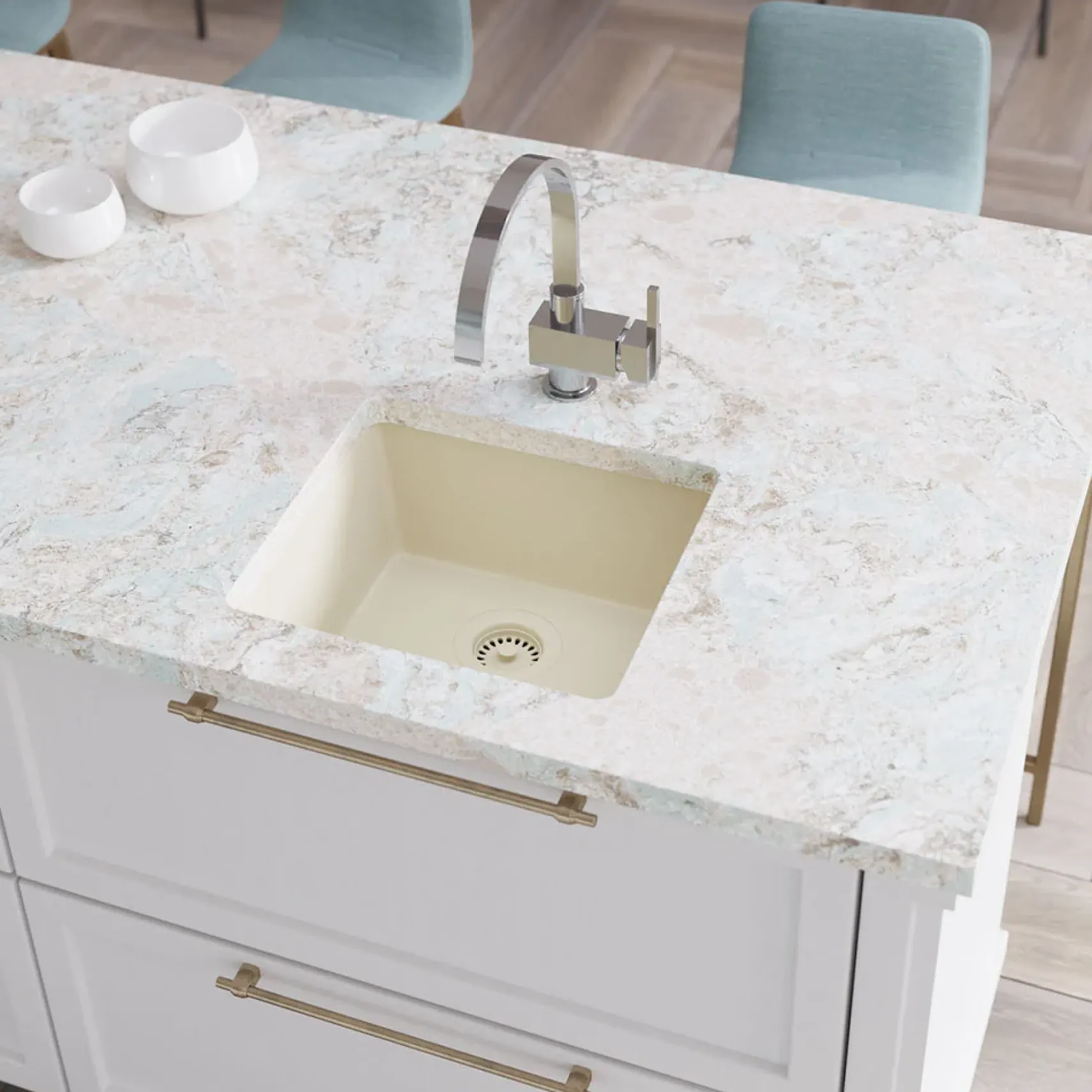 Rene 18" Composite Granite Kitchen Sink, Ecru, R3-1003-ECR-ST-CGF