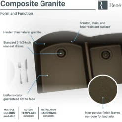 Rene 33" Composite Granite Kitchen Sink, 60/40 Double Bowl, Umber, R3-1008-UMB-ST-CGS