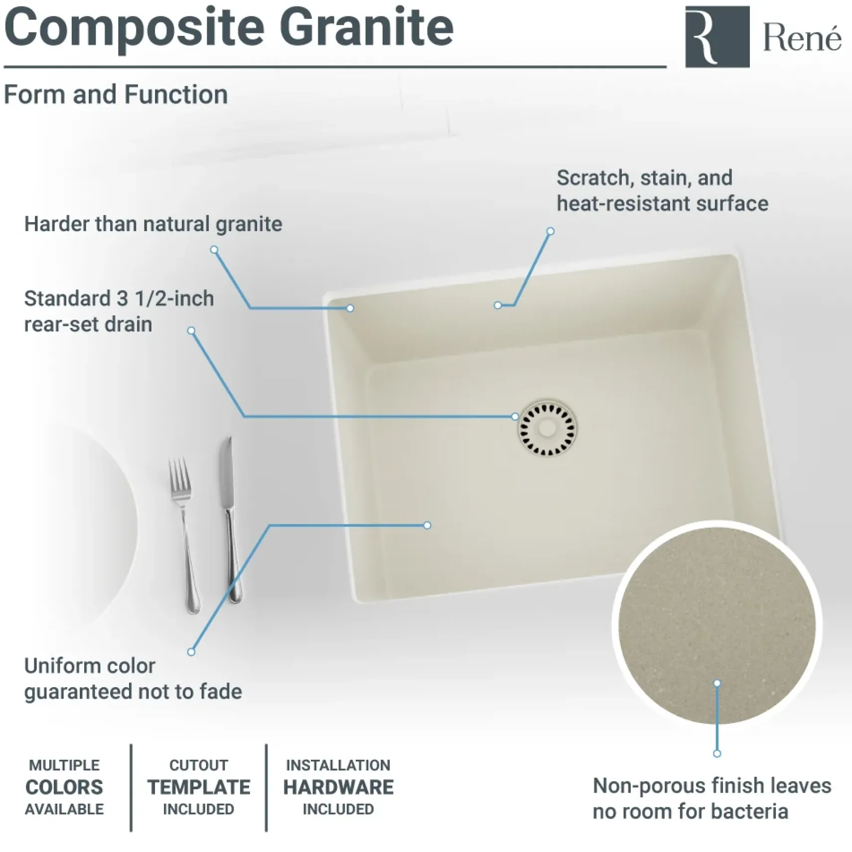 Rene 22" Composite Granite Kitchen Sink, Concrete, R3-1004-CON-ST-CGF
