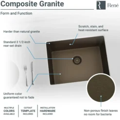 Rene 22" Composite Granite Kitchen Sink, Umber, R3-1004-UMB-ST-CGF