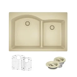 Rene 33" Composite Granite Kitchen Sink, 60/40 Double Bowl, Ecru, R3-2008-ECR-ST-CGF