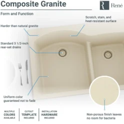 Rene 33" Composite Granite Kitchen Sink, 60/40 Double Bowl, Ecru, R3-2008-ECR-ST-CGF