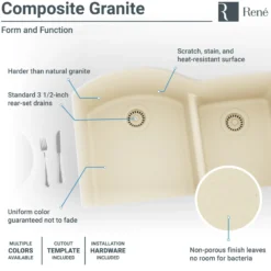 Rene 33" Composite Granite Kitchen Sink, 60/40 Double Bowl, Ecru, R3-1008-ECR-ST-CGS