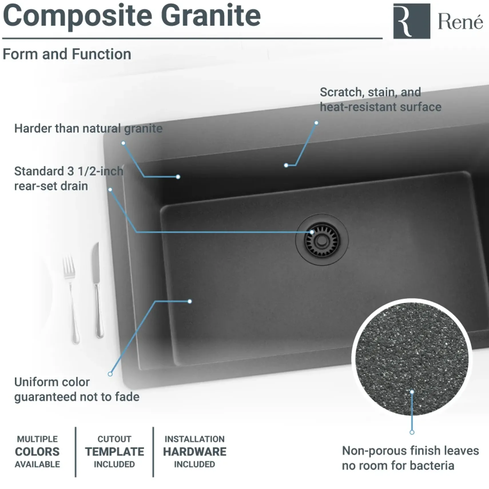 Rene 33" Composite Granite Kitchen Sink, Carbon, R3-2006-CAR-ST-CGF