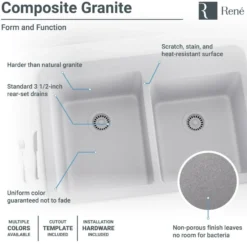 Rene 33" Composite Granite Kitchen Sink, 60/40 Double Bowl, Pewter, R3-2001-PWT-ST-CGS