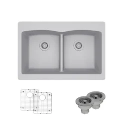 Rene 33" Composite Granite Kitchen Sink, 50/50 Double Bowl, Pewter, R3-2007-PWT-ST-CGS