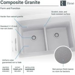 Rene 33" Composite Granite Kitchen Sink, 50/50 Double Bowl, Pewter, R3-2007-PWT-ST-CGS