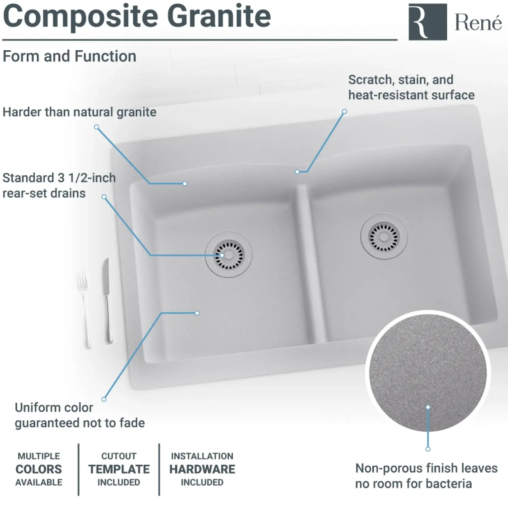 Rene 33" Composite Granite Kitchen Sink, 50/50 Double Bowl, Pewter, R3-2007-PWT-ST-CGS
