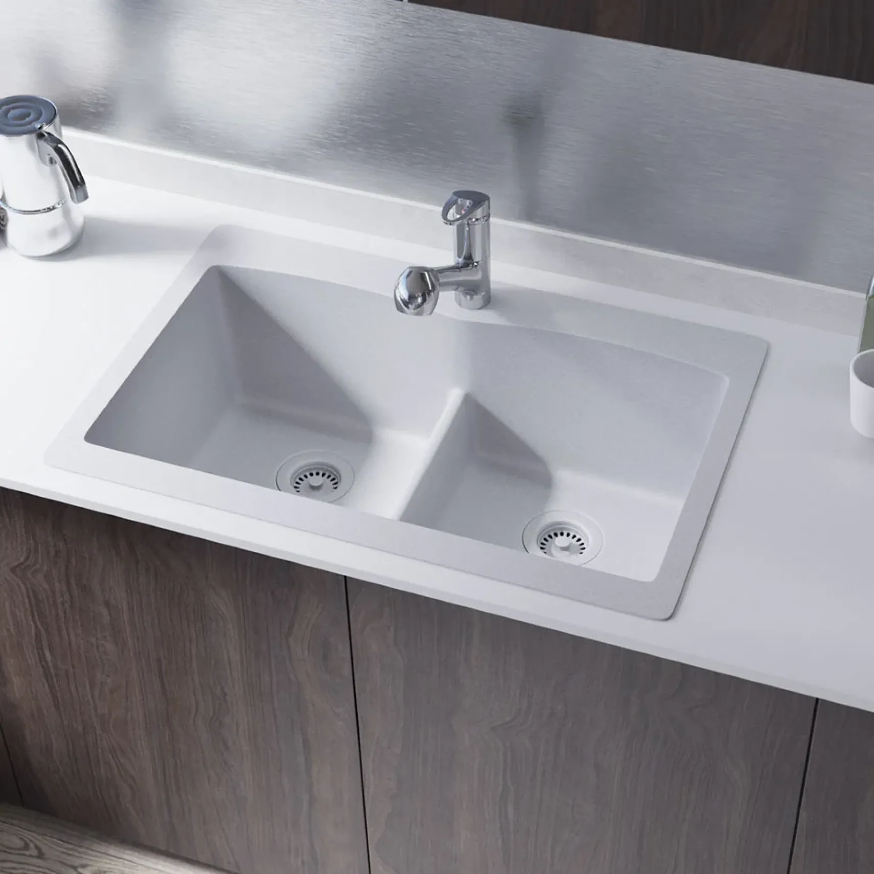 Rene 33" Composite Granite Kitchen Sink, 50/50 Double Bowl, Pewter, R3-2007-PWT-ST-CGS