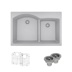 Rene 33" Composite Granite Kitchen Sink, 60/40 Double Bowl, Pewter, R3-2008-PWT-ST-CGS
