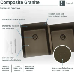 Rene 33" Composite Granite Kitchen Sink, 55/45 Double Bowl, Umber, R3-1001-UMB-ST-CGS