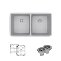 Rene 33" Composite Granite Kitchen Sink, 50/50 Double Bowl, Pewter, R3-1002-PWT-ST-CGS