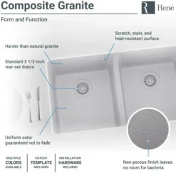Rene 33" Composite Granite Kitchen Sink, 50/50 Double Bowl, Pewter, R3-1002-PWT-ST-CGS