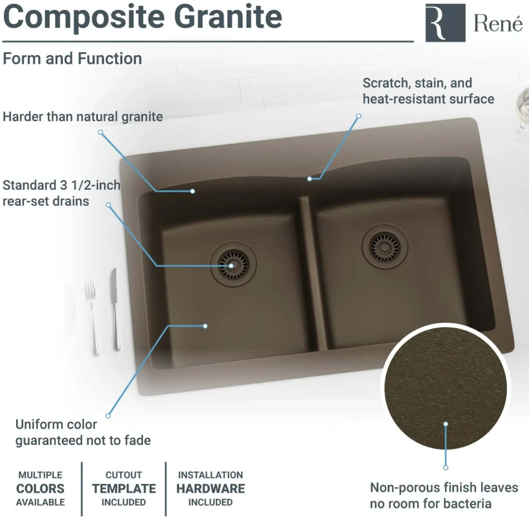 Rene 33" Composite Granite Kitchen Sink, 50/50 Double Bowl, Umber, R3-2007-UMB-ST-CGF