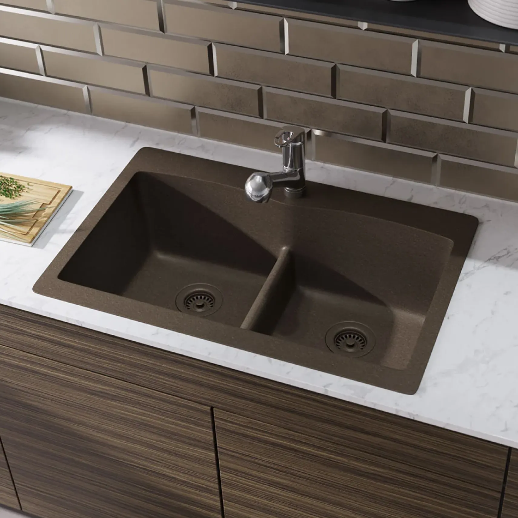 Rene 33" Composite Granite Kitchen Sink, 50/50 Double Bowl, Umber, R3-2007-UMB-ST-CGF