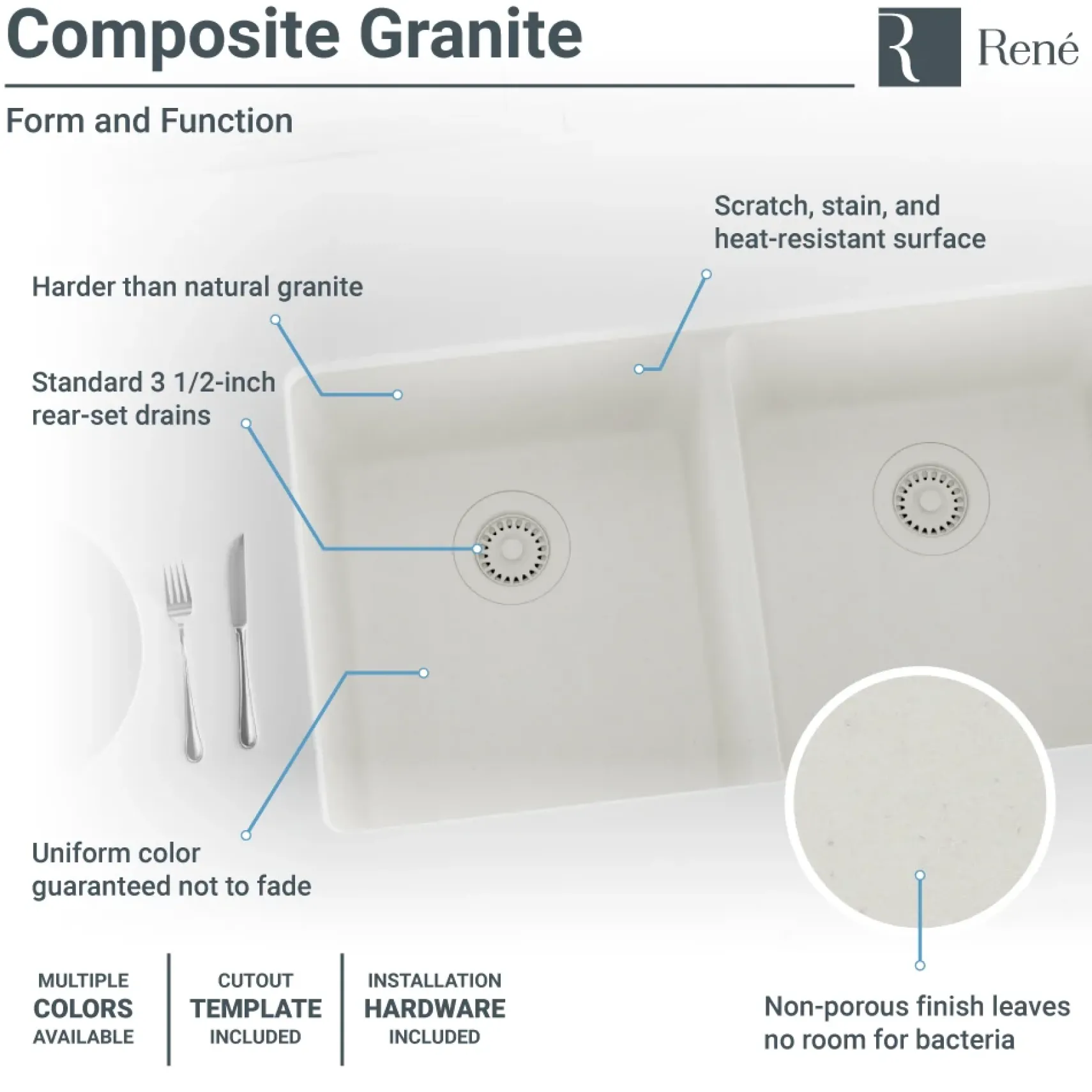Rene 33" Composite Granite Kitchen Sink, 50/50 Double Bowl, Ivory, R3-1002-IVR-ST-CGS
