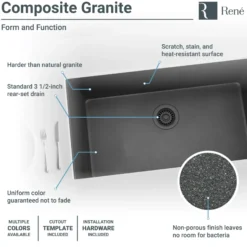 Rene 33" Composite Granite Kitchen Sink, Carbon, R3-1006-CAR-ST-CGF