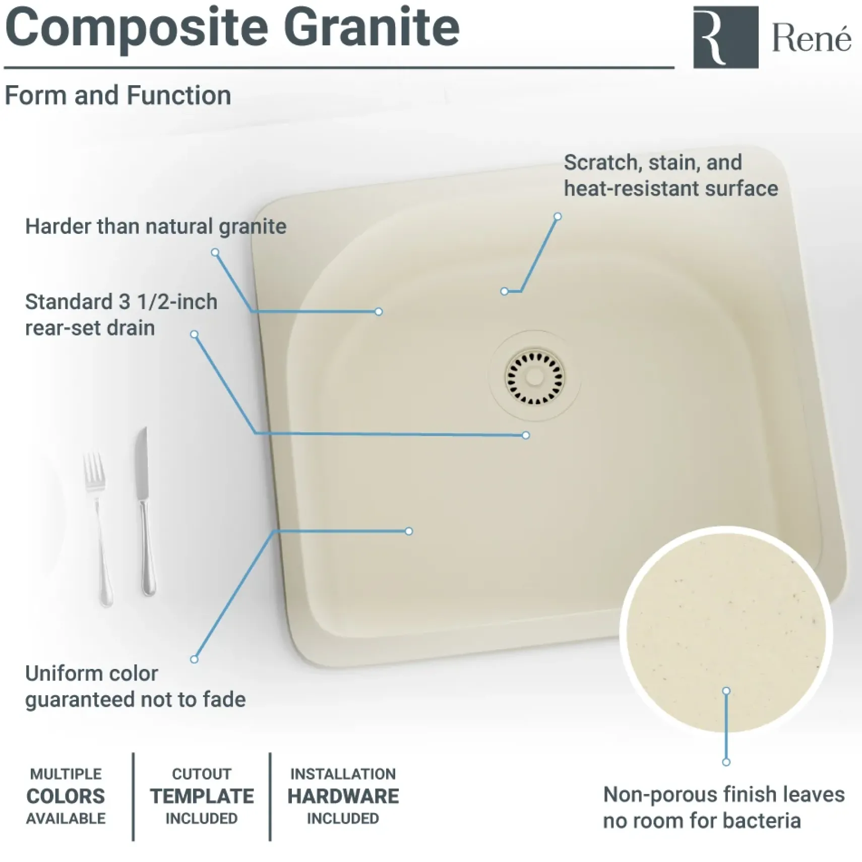 Rene 25" Composite Granite Kitchen Sink, Ecru, R3-2005-ECR-ST-CGS