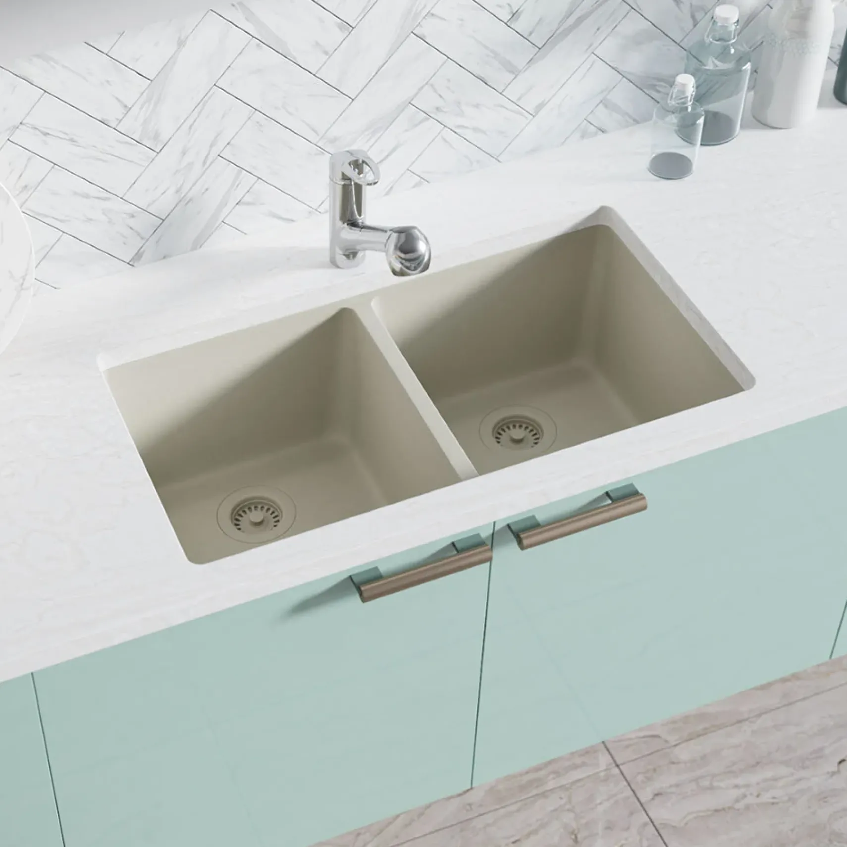 Rene 33" Composite Granite Kitchen Sink, 50/50 Double Bowl, Concrete, R3-1002-CON-ST-CGF