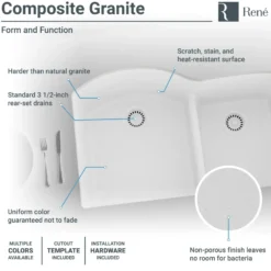 Rene 33" Composite Granite Kitchen Sink, 60/40 Double Bowl, Ivory, R3-1008-IVR-ST-CGS