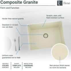 Rene 22" Composite Granite Kitchen Sink, Ecru, R3-1004-ECR-ST-CGF