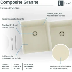 Rene 33" Composite Granite Kitchen Sink, 55/45 Double Bowl, Ecru, R3-1001-ECR-ST-CGS