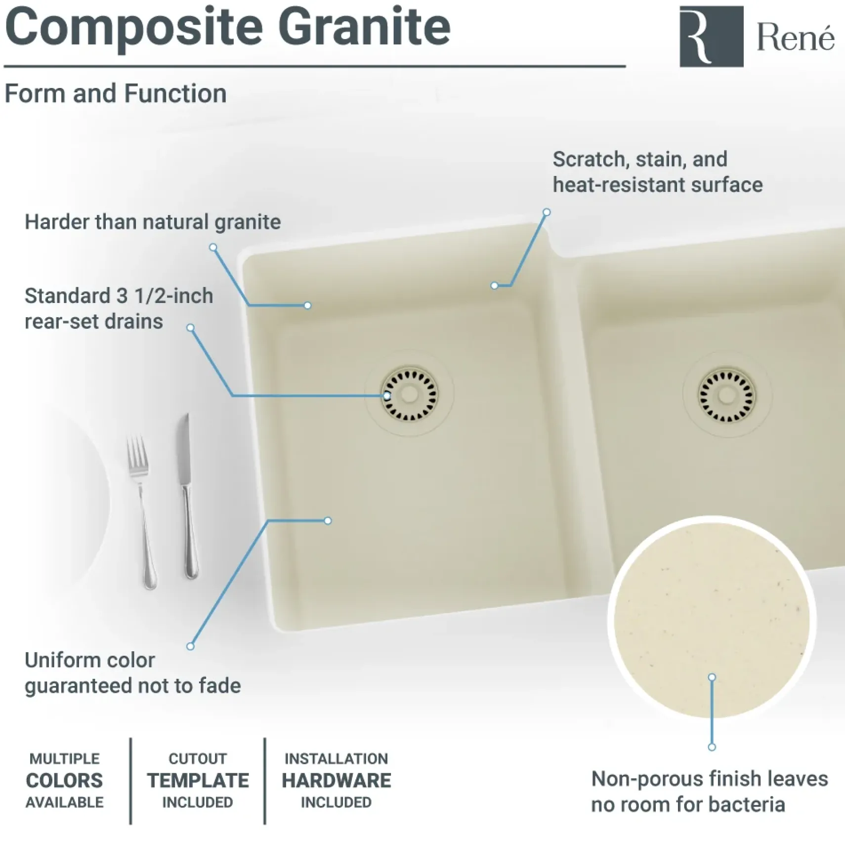 Rene 33" Composite Granite Kitchen Sink, 55/45 Double Bowl, Ecru, R3-1001-ECR-ST-CGS