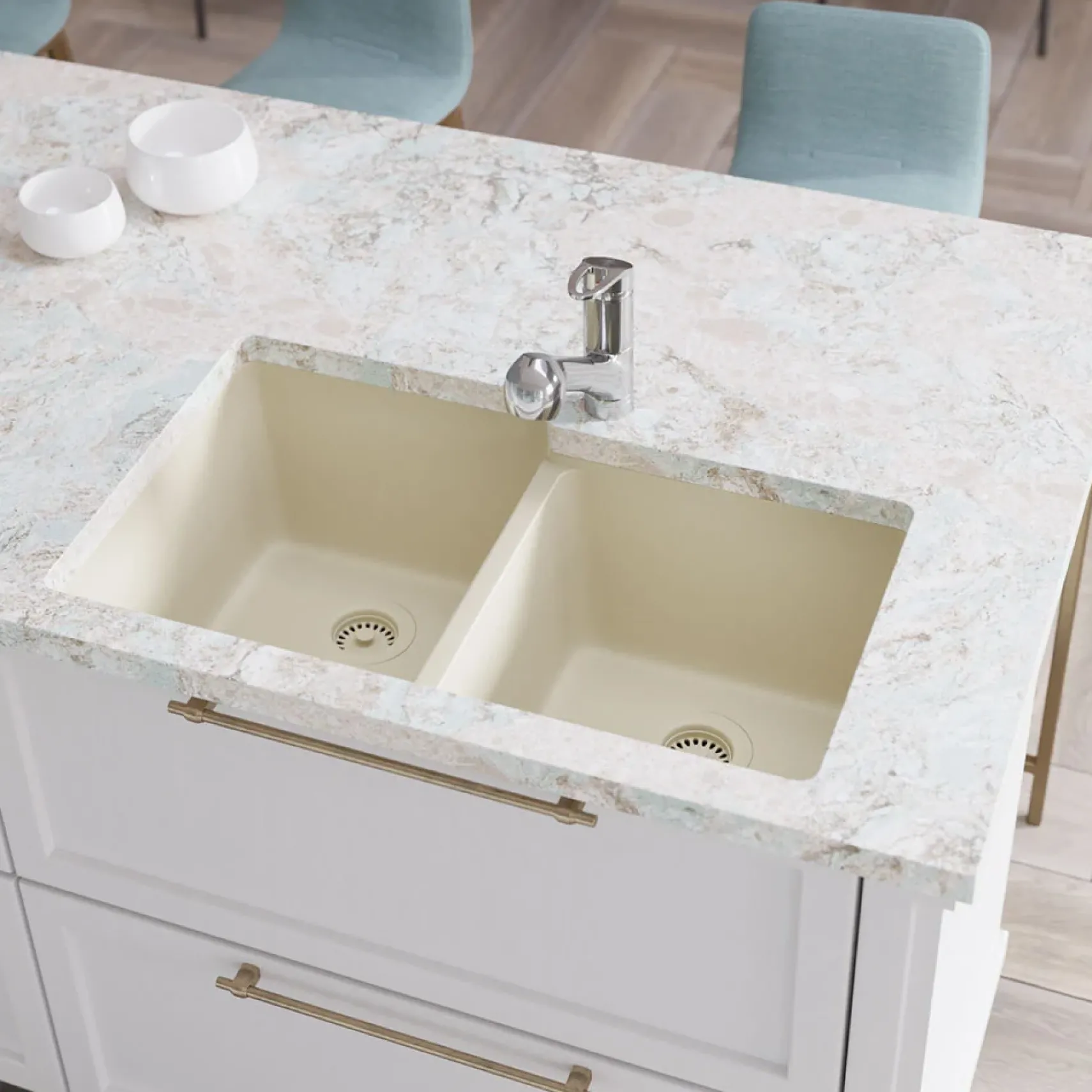 Rene 33" Composite Granite Kitchen Sink, 55/45 Double Bowl, Ecru, R3-1001-ECR-ST-CGS