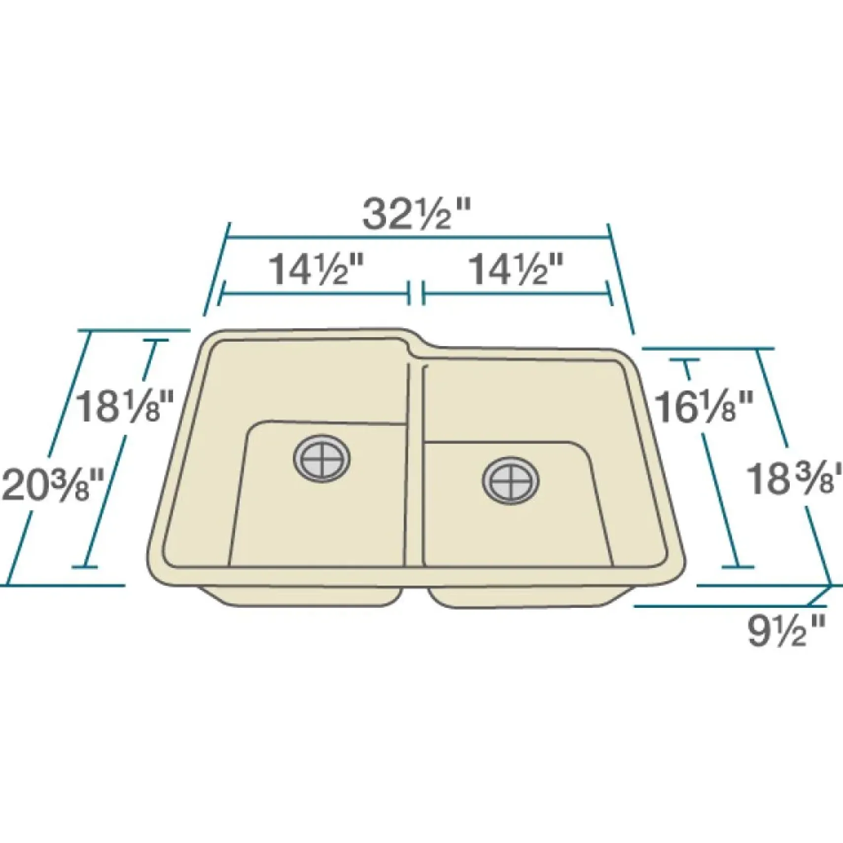 Rene 33" Composite Granite Kitchen Sink, 55/45 Double Bowl, Ecru, R3-1001-ECR-ST-CGS